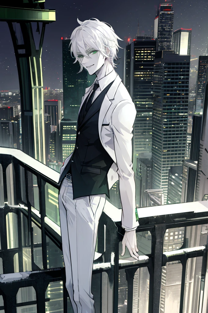 city Background,Solo Male, White hair, Green Eyes White Suit, White pants, pale skin, Evil smile, slim,From Side,ruin city background,Standing,night,