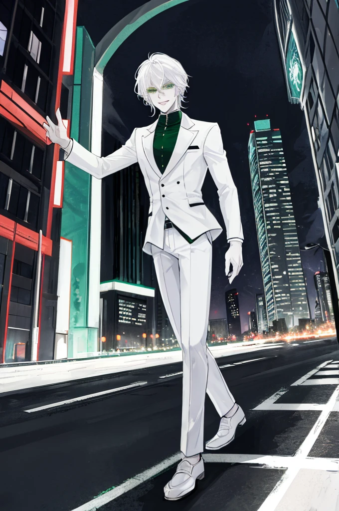 city Background,Solo Male, White hair, Green Eyes White Suit, White pants,  pale skin, Evil smile, slim,From Side,ruin city background,Standing,night,
