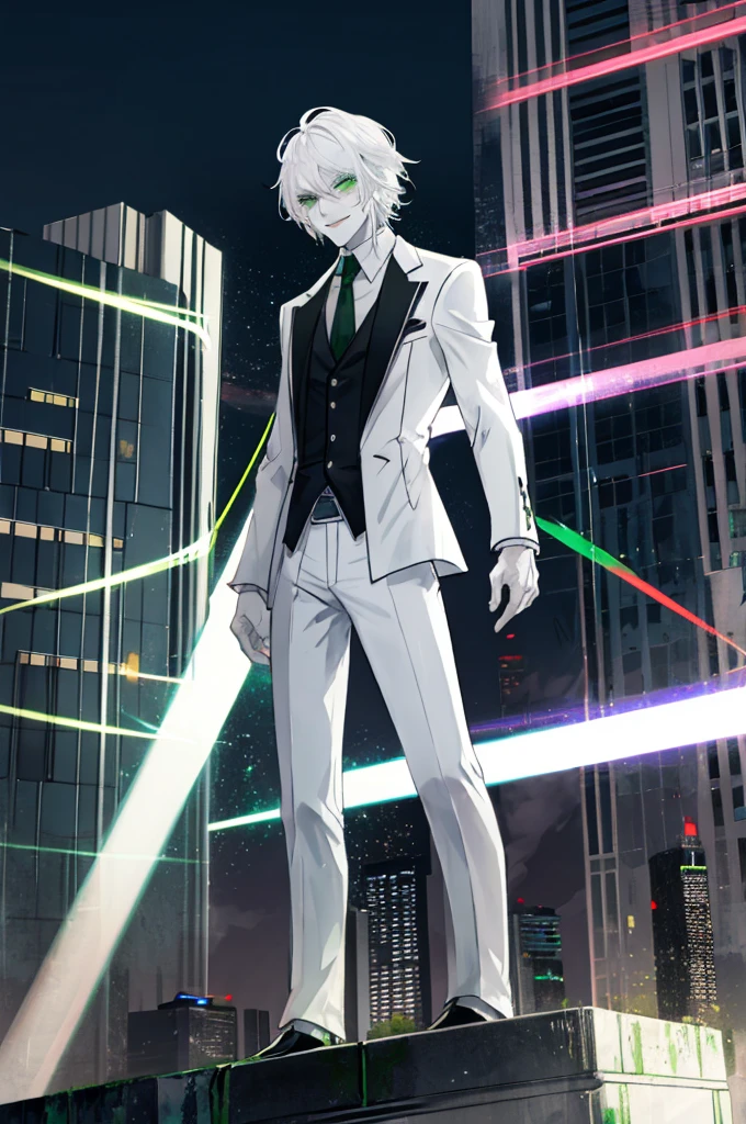 city Background,Solo Male, White hair, Green Eyes White Suit, White pants, pale skin, Evil smile, slim,From Side,ruin city background,Standing,night,