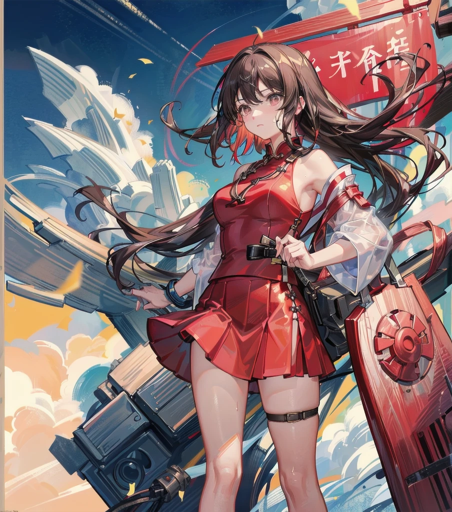 (Perfect Anatomy:1.2,top-quality、The ultra -The high-definition、hight resolution、extremely details CG、8K Unit Wallpapers),cowboy shot,portrait,1woman,solo,20 year old beauty,Japanese,((Beautiful detailed eyes)),brown eyes,shy、brown hair,long hair,bangs,(sweat),standing,((red cheongsam、red mini skirt)),、kung fu dojo、natural sunlight、
