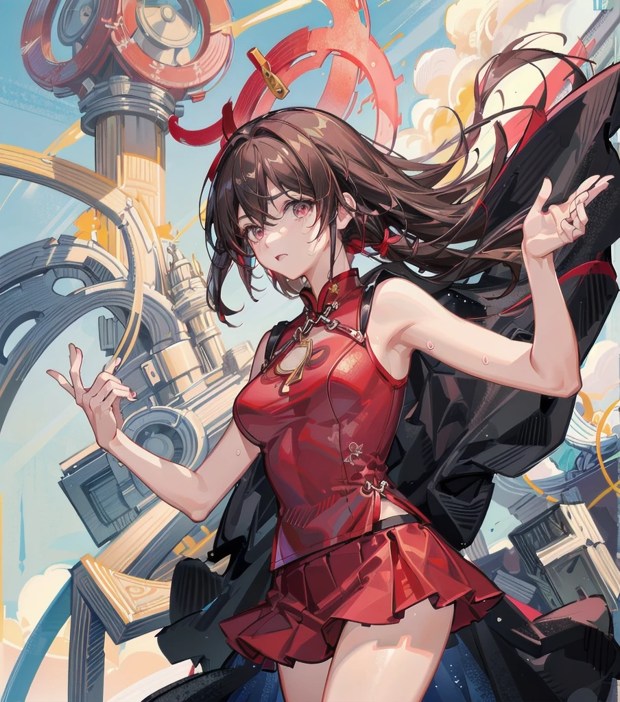 (Perfect Anatomy:1.2,top-quality、The ultra -The high-definition、hight resolution、extremely details CG、8K Unit Wallpapers),cowboy shot,portrait,1woman,solo,20 year old beauty,Japanese,((Beautiful detailed eyes)),brown eyes,shy、brown hair,long hair,bangs,(sweat),standing,((red cheongsam、red mini skirt)),、kung fu dojo、natural sunlight、
