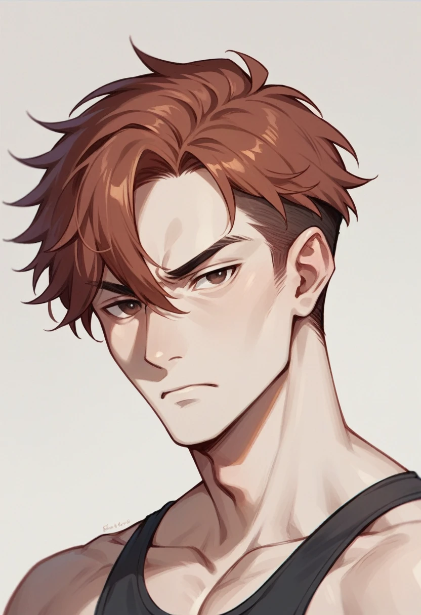 Male teenager with auburn hair, dark brown eyes, white skin and serious