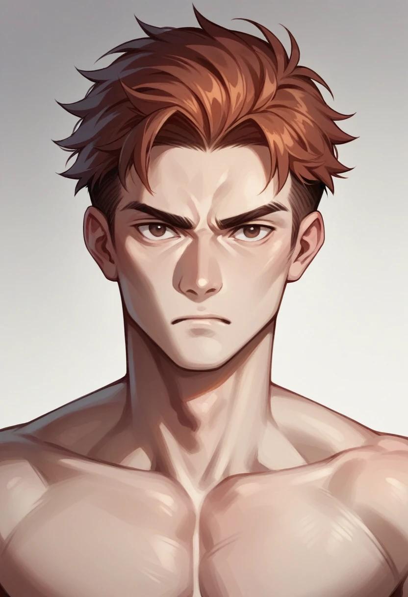 Male teenager with auburn hair, dark brown eyes, white skin and serious