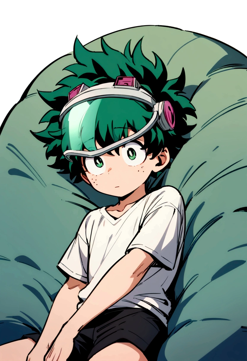 (masterpiece, best quality:1.2), solo, male focus, 1boy, midoriya izuku, short green hair, green eyes, white t-shirt, black shorts, green domed helmet with transparent visor over eyes, mind control device, blank expression, mouth hanging open, sitting in bean bag, relaxed posture, arms hanging limply, anime style, my hero academia style, view from angle