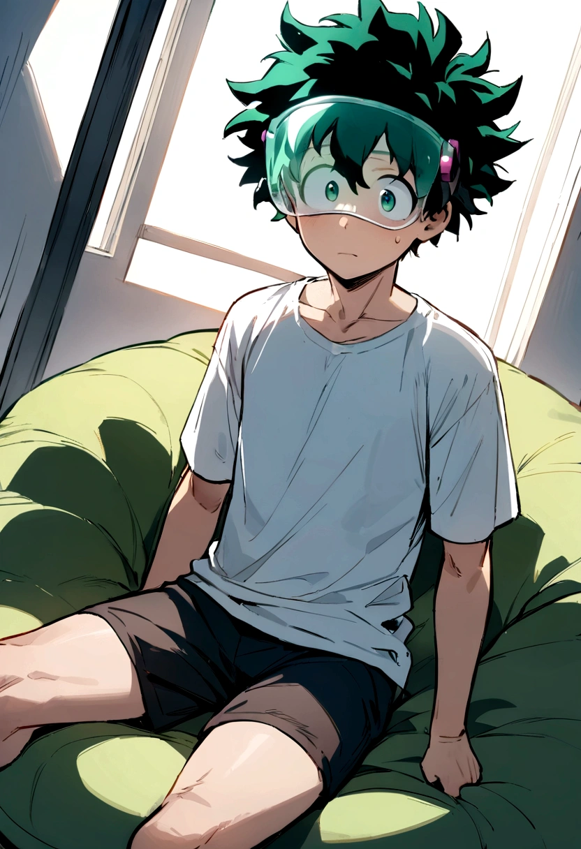 (masterpiece, best quality:1.2), solo, male focus, 1boy, midoriya izuku, short green hair, green eyes, no shirt, no pants, wearing green boxer briefs, teenager, toned slender body, domed helmet, mind control device, blank expression, mouth hanging open staring straight forwars, relaxed body posture, sitting in chair, anime style, my hero academia style