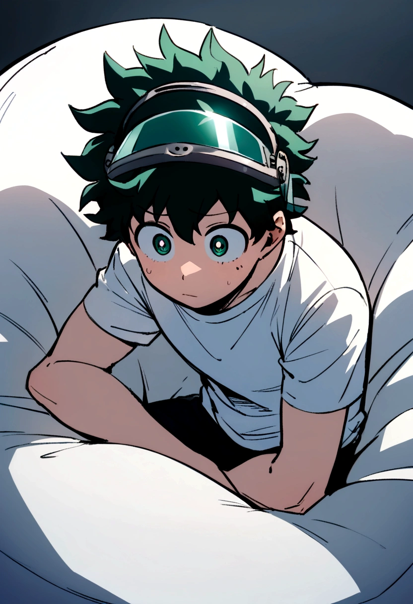 (masterpiece, best quality:1.2), solo, male focus, 1boy, midoriya izuku, short green hair, green eyes, white t-shirt, black shorts, green domed helmet with transparent visor over eyes, mind control device, blank expression, mouth hanging open, sitting in bean bag, relaxed posture, arms hanging limply, anime style, my hero academia style, view from angle