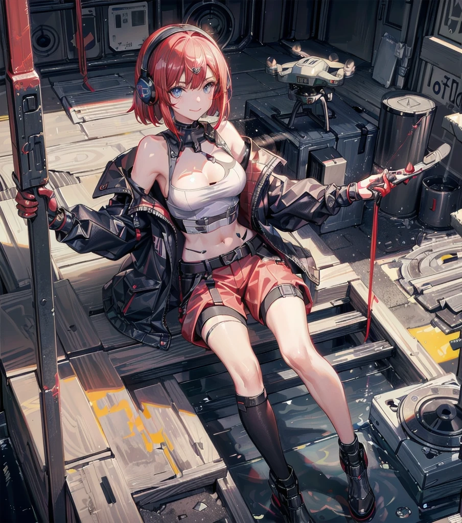 Cinematic lighting、16k picture quality、highlydetailed skin、masutepiece,1girl in, Solo、Best Quality,cyberpunked,(1beautiful woman、Detailed beautiful facial features:1.3)(Red color medium bob hair)blue eye break cinematic lighting、16k picture quality、highlydetailed skin,1girl in, Solo、Best Quality,cyberpunked,(1beautiful woman、Detailed beautiful facial features:1.3)(Red color medium bob hair、Long bangs:1.3)(well-shaped breasts:1.3)Blue eyes that are about to leak, down jacket combat uniform、belly button baggy pants、(A smile、Touching hair with one hand:1.3)(1 Pick up a high-tech weapon:1.5)、Dirt and blood stains can be seen on the body(a sultry、Steam from the body:1.4)(An old factory that no one uses、Destroyed robots:1.2)(A shuttle helicopter overhead、drone:1.4)