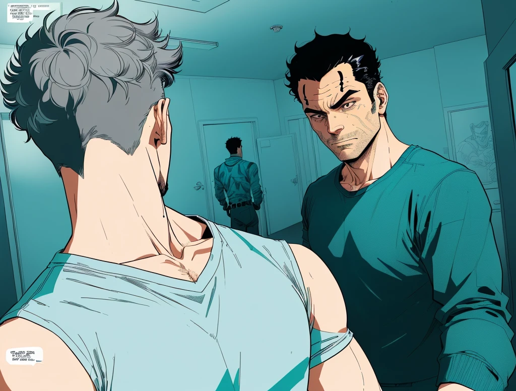 a cartoon of a man is talking to another man in a room, coloured manga scan, colored manga panel, color manga panel, comic styled, digitally colored, rukis. comic book style, bob larkin and tomer hanuka, colored screentone, art gta 5 comics, coloured comic, color spread, epic comic book style, digital comic, comic drawing style