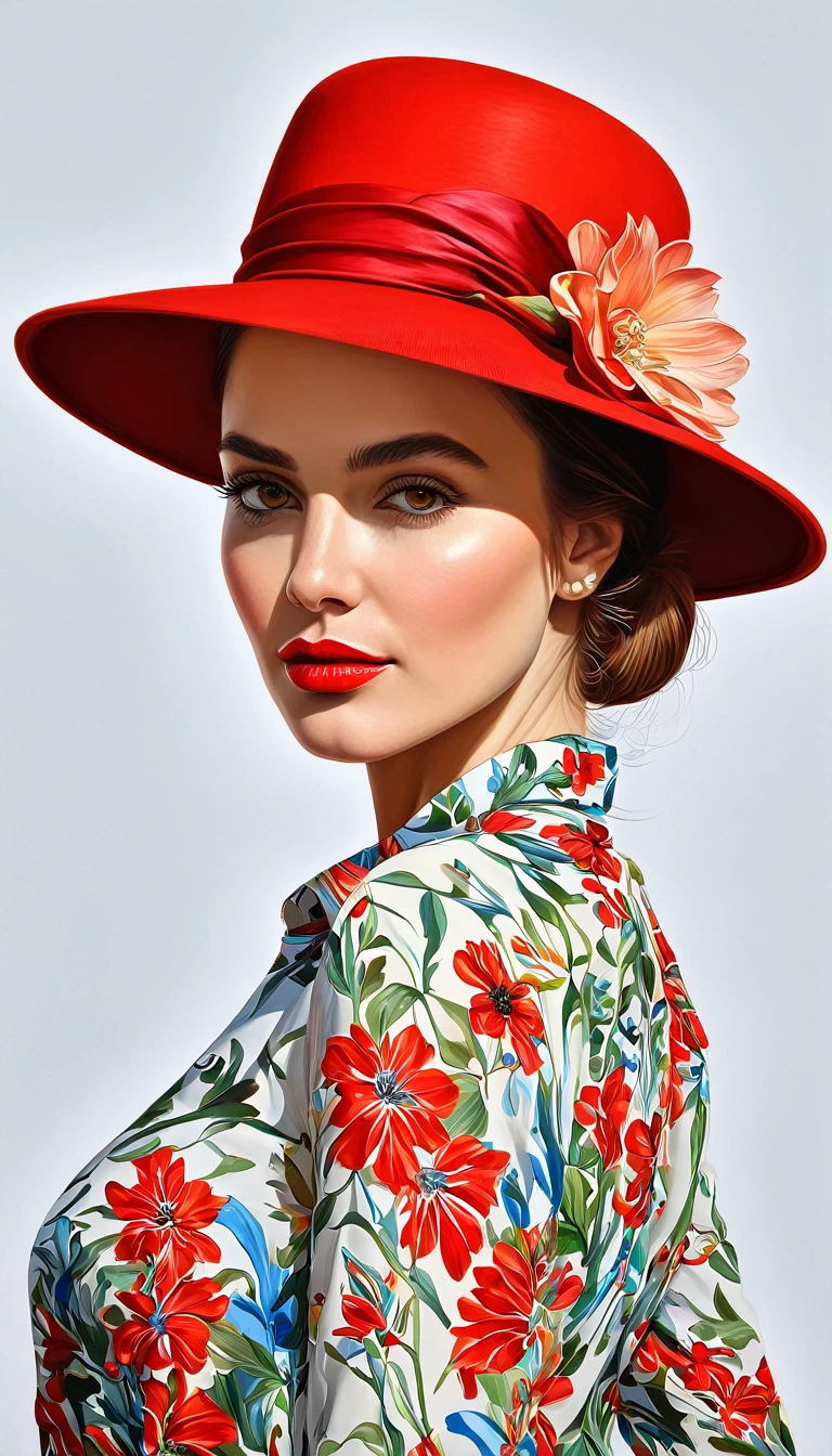 create a woman with red elegant hat ,with flower shirt, masterpiece, estilo illustration de Ali Erturk, high detail, hyperrealistic, natural light,illustration , Bright colors
