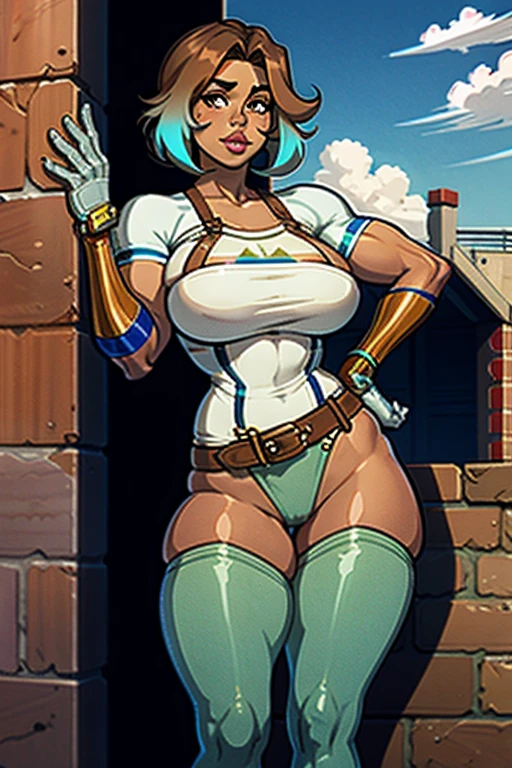 A short, tanned skin, well built woman. Short, brown, shaggy hair. Pretty, freckled face. Full lips, beautiful brown eyes. Wearing casual but slutty clothes. Character design sheet, full body shot, bending over a wall. Slightly NSFW.