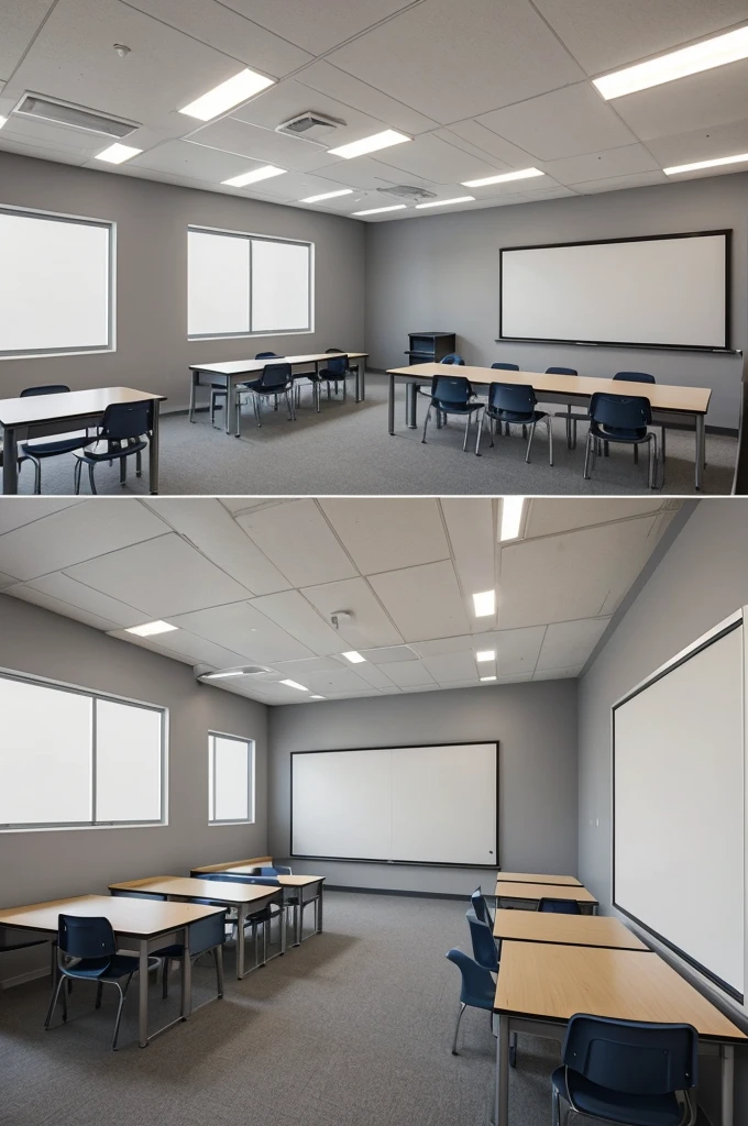 A 30x30 classroom with all sides of the room visible, gray painted walls, 4 smart lights on the ceiling, a digital whiteboard, a wooden door on the left and two sliding windows on the right with at least 30 individual benches.