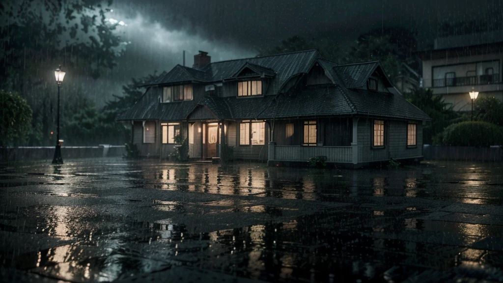 there is a house in the rain with a lot of rain on it, gloomy weather. hyperrealistic, rainy scene, at evening during rain, rainy day. game render, rainy evening, rainy night, raining at night, cryengine render 8 k, rain falling, unreal 6 breathtaking detailed, unreal engine realistic render, rain aesthetic, ultra realistic picture, rainy and gloomy atmosphere