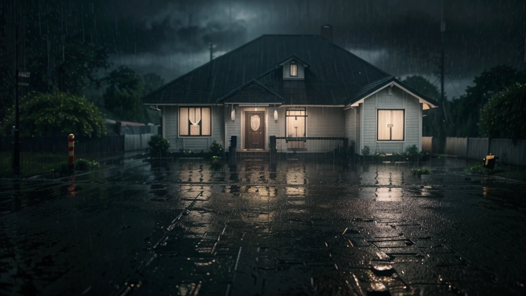 there is a house in the rain with a lot of rain on it, gloomy weather. hyperrealistic, rainy scene, at evening during rain, rainy day. game render, rainy evening, rainy night, raining at night, cryengine render 8 k, rain falling, unreal 6 breathtaking detailed, unreal engine realistic render, rain aesthetic, ultra realistic picture, rainy and gloomy atmosphere
