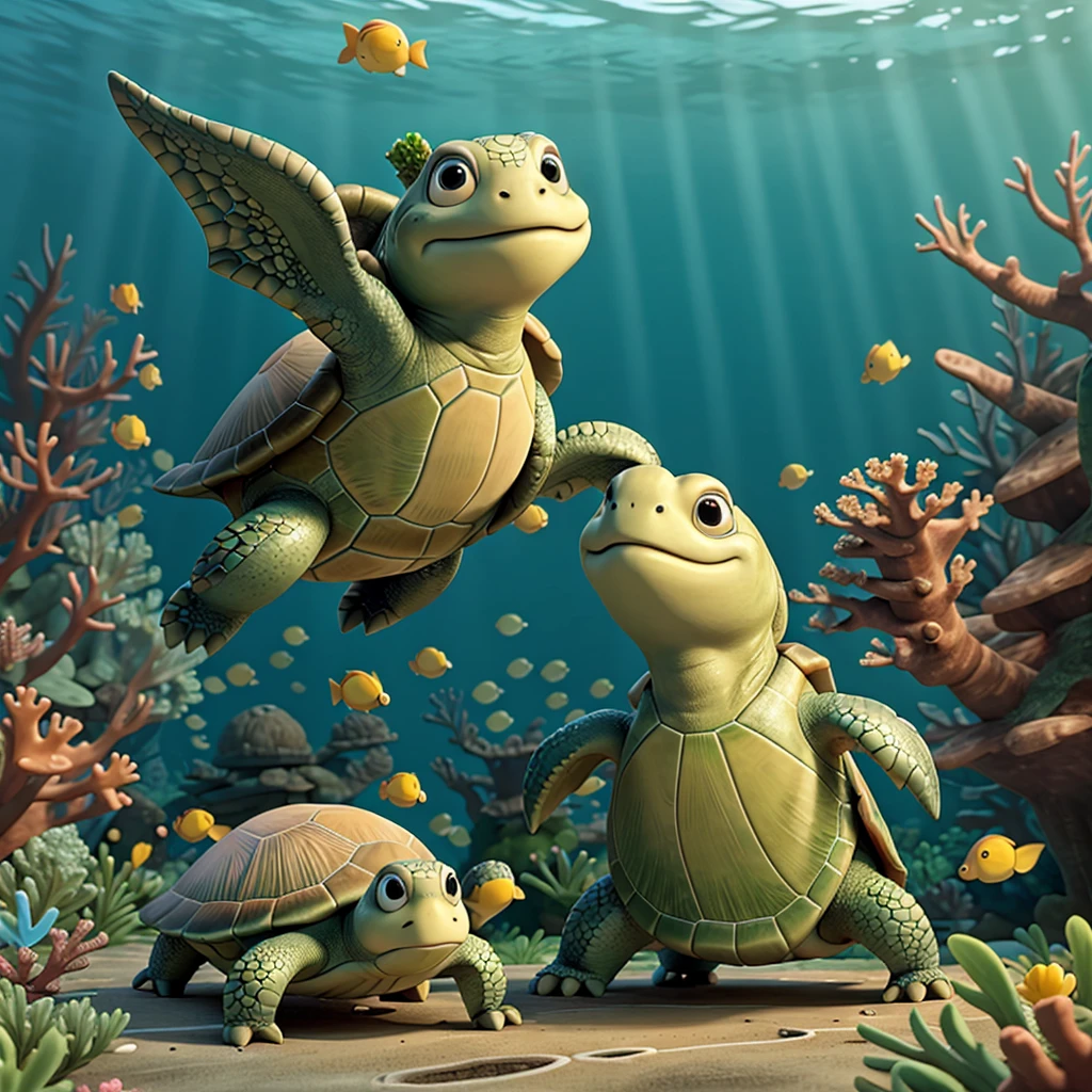 a lone turtle exploring a coral