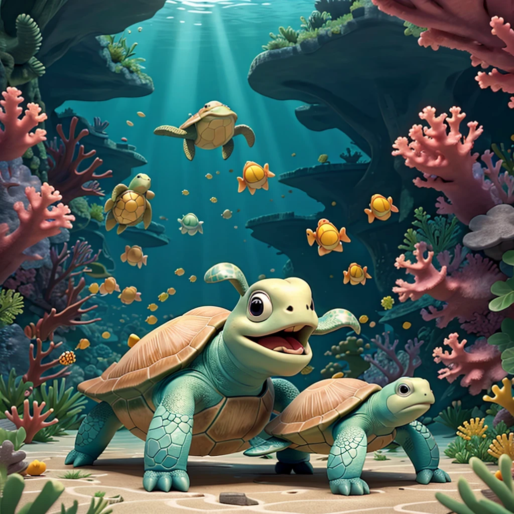 a lone turtle exploring a coral