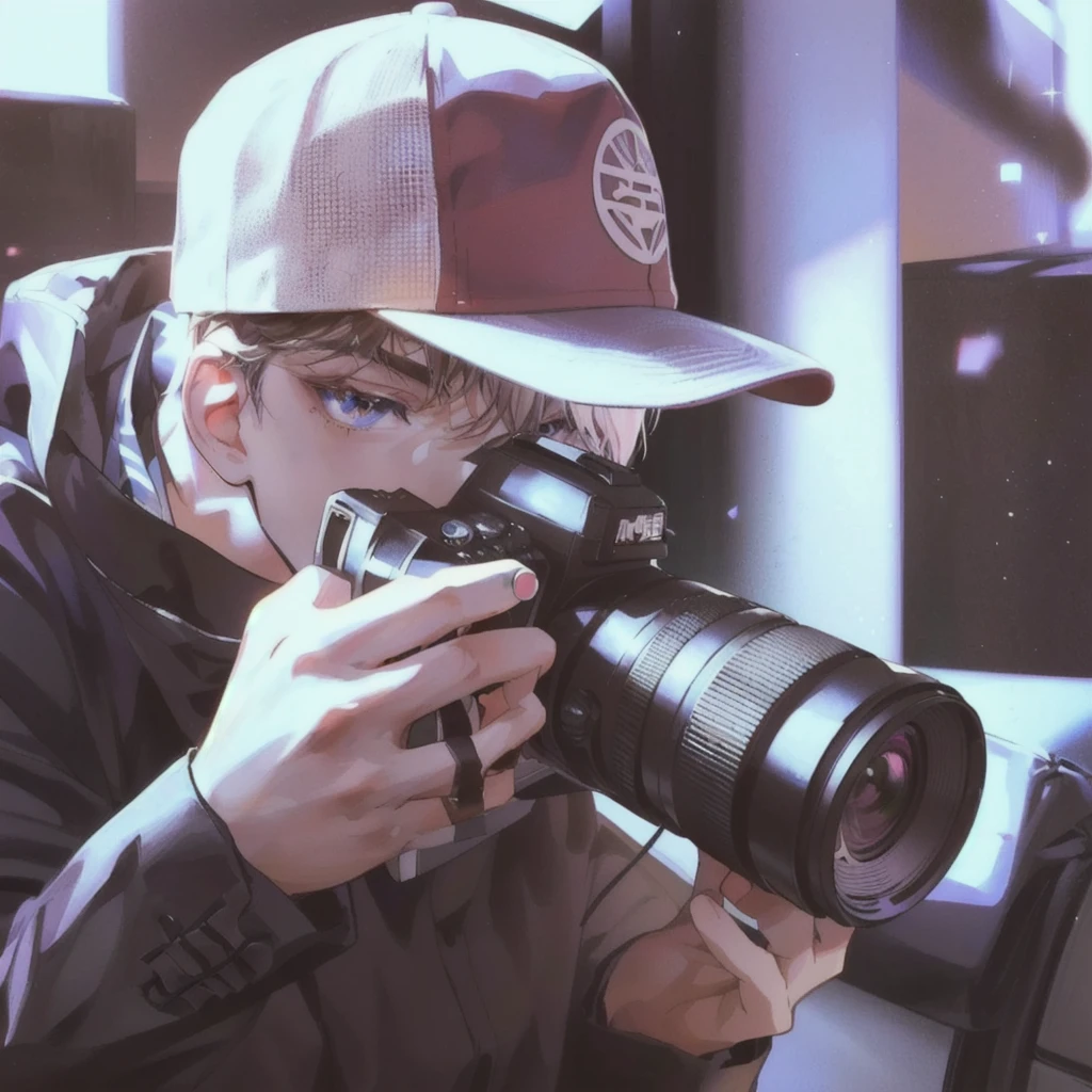 (((anime style, cartoon style))), young man taking a photo from a camera with a cap