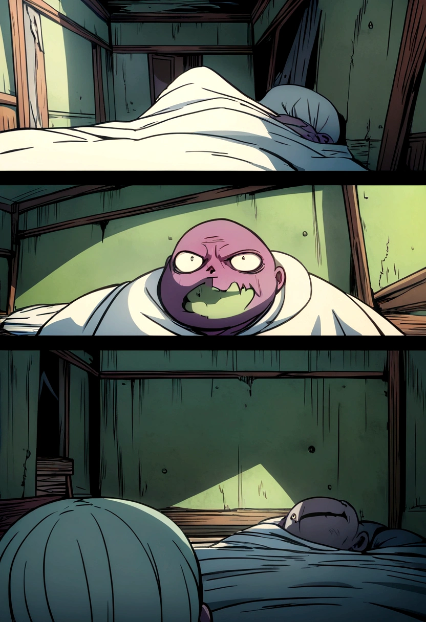zombie eating a person inside an abandoned room. manga, anime or comic style. full hd, detailed image without errors