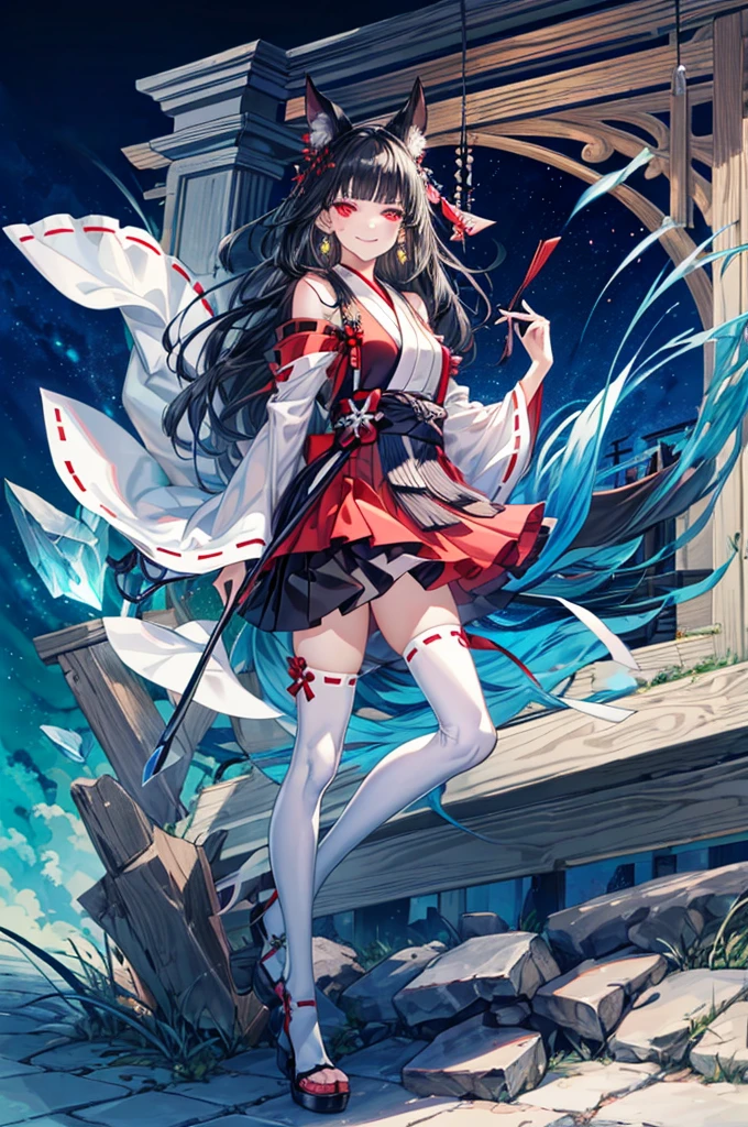 [(detailed Background:1.4)::5],Original,(Illustration:1.1),(Best Quality),(masutepiece:1.1),(the Extremely Detailed CG Unity 8K Wallpapers:1.1), (Colorful:0.9),(mid-shot:0.95),(very detailed beautiful full body),Dynamic Angle,(Solo:1.2), (girl),(((Adult))), (Detailed beautiful eyes:1.15), (Beautiful face:1.15), (glowing red eyes:1.25////),(black hair),paleskin，Pink pupils，Red bow，amaryllis，((Evil smile))，Crystal earrings on the ears，Raven feather skirt,full body,wearing miko thighhighs,((black long hair)),black long hair,night,