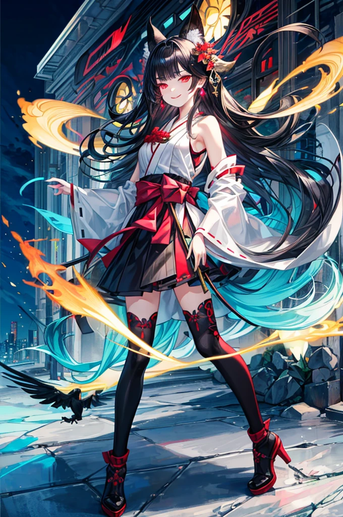 [(detailed Background:1.4)::5],Original,(Illustration:1.1),(Best Quality),(masutepiece:1.1),(the Extremely Detailed CG Unity 8K Wallpapers:1.1), (Colorful:0.9),(mid-shot:0.95),(very detailed beautiful full body),Dynamic Angle,(Solo:1.2), (girl),(((Adult))), (Detailed beautiful eyes:1.15), (Beautiful face:1.15), (glowing red eyes:1.25////),(black hair),paleskin，Pink pupils，Red bow，amaryllis，((Evil smile))，Crystal earrings on the ears，Raven feather skirt,full body,wearing miko thighhighs,((black long hair)),black long hair,night,