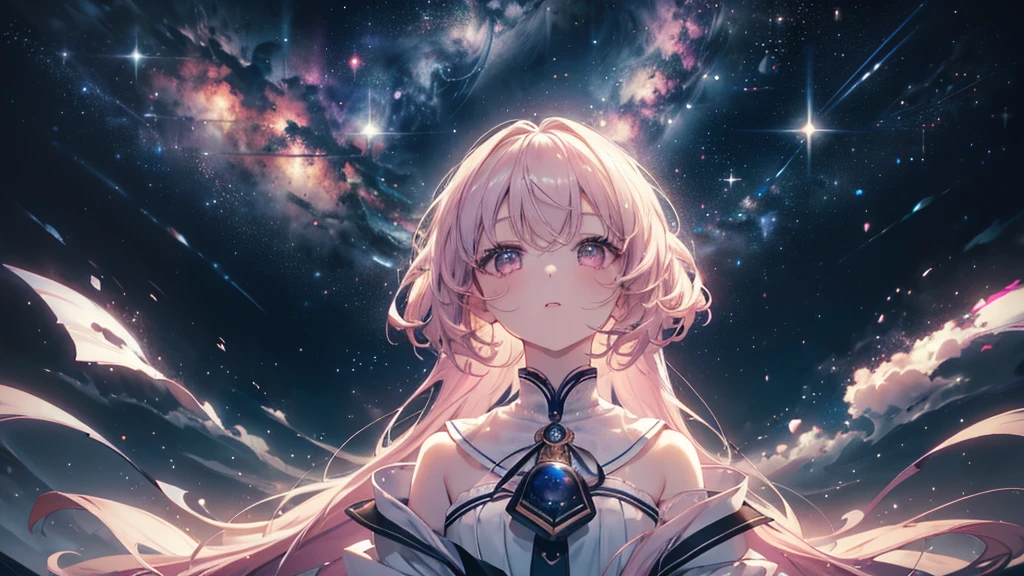 (((Highest quality、masterpiece、Ultra-fine、Ultra-fine、Exquisite、16K、Full HD,high school girl,))) 、 (((Looking up)))) 、Dark Eyes、Long eyelashes、White skin、(Pale pink lips、Pale pink cheeks、thin and long)、 ((cute)) ((One person)) 、 、Wide Shot、Space galaxy background、(A magnificent composition、epic proportion)、Dynamic lighting、