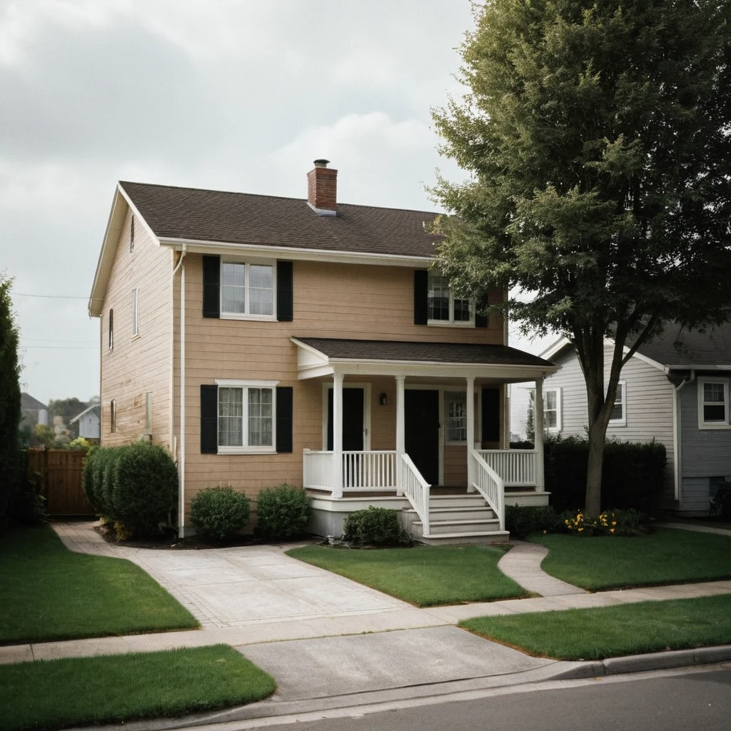 morning shot of a typical townhouse from the 1970s, during the Motown era. The townhouse should be located in a suburban area, with a mix of single-family homes and apartment buildings. The house should be a two-story, single-family residence with a pitched roof, vinyl siding, and a small front yard with a lawn and a few trees. The exterior should feature a warm, earthy color palette with a combination of brown, beige, and cream tones. The roof should be a dark brown or black asphalt shingle material. The windows should be double-hung, with white or cream-colored frames and shutters. The front door should be a wooden with a brass or chrome door handle. The porch should be a small, covered area with a simple railing and a few steps leading up to the door, on a rainy day with grey skies and clouds, (gaussian blur:1.1) (high key photo masterpiece:1.2) raw photo, (film grain:1.3), depth field, bokeh, Best quality, masterpiece, ultra high res, (photorealistic:1.4), (smooth light:1.4), photorealistic, cinematic lighting, volumetric lighting, highly detailed and intricate