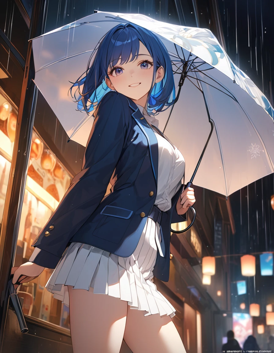 8K, Highest quality, masterpiece, Wallpapers by Unity 8K, Use an umbrella少女、rain模様、(Highest qualityのイラスト:1.2), (pretty girl:1.1), (1 girl、、Highest qualityのイラスト:1.2), (1 girl、smile、Beautiful breasts、Very detailedな目:1.2)、Bright blue hair、Short Bob Hair、(Highest quality、Very detailed、Very detailed and beautiful、Ultra-high resolution)form,{Dark Blue Blazer、White shirt、Blue Ribbon、White pleated skirt}
、throw、Soft focus ground bokeh、rain、Use an umbrella、smile