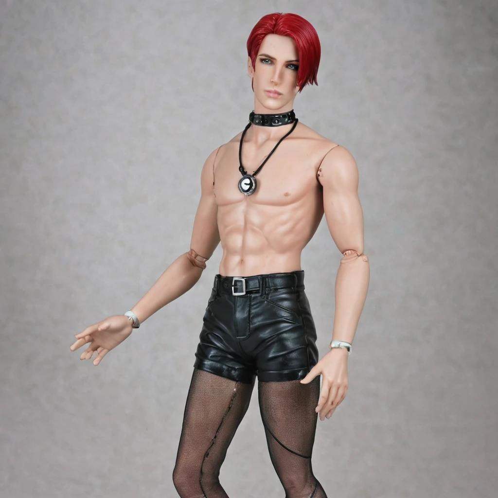 photorealistic, highly detailed Masterpiece, (one doll), puppet, (ball joints), porcelain doll, wood doll, mannequin, male, with a thin slim body, androgenous body, in a y pose, wearing a slutty male outfit, micro shorts, crop top, fishnet pane a leather garter and leather chocker necklace and leather thigh high high heeled boots, short slick back bright red hair, green eyes, anime style, laying down looking sexy, beom eyes, big dick, male, man, boy, masculine body, 