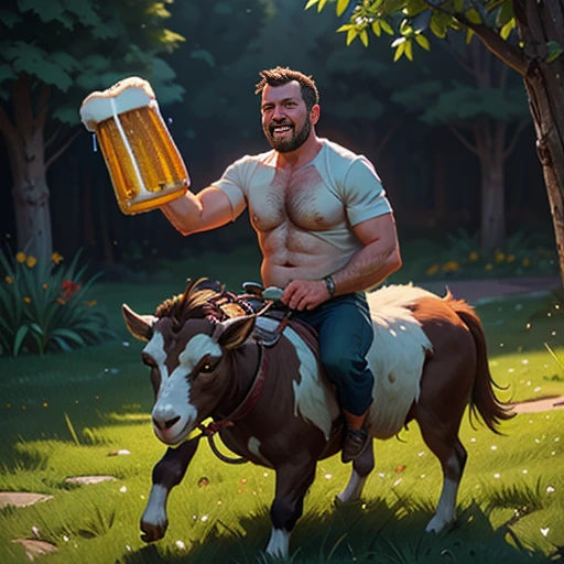 middle-aged man, riding on a goat, (drinking beer:1.4), bare-chested, green grass garden, dadbod, (furious expression:1.2), unnerving grin, intricate details, oil painting, cinematic lighting, highly detailed, dramatic, masterpiece, digital art