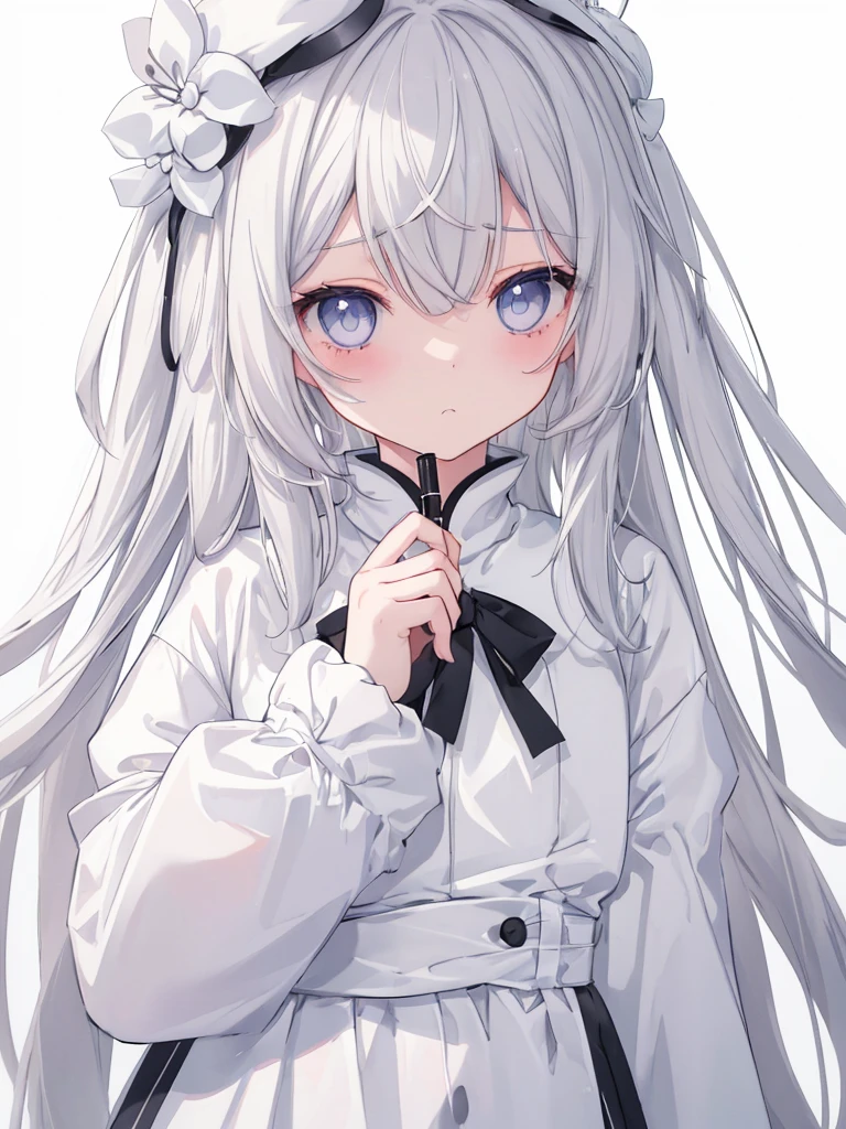 blank paper、Girl、Gray Hair、Long Hair、White eye color、All eyes are white、全体的に白いGirl、白いGirl、White background、白のGirl、White Room、blank paperのGirl、Emotionless、Expressionless