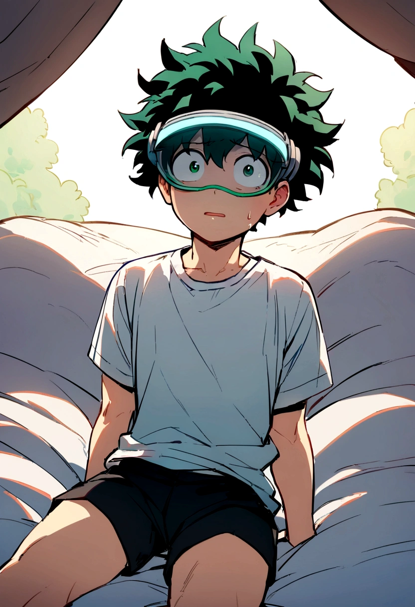 (masterpiece, best quality:1.2), solo, male focus, 1boy, midoriya izuku, short green hair, green eyes, no shirt, no pants, wearing green boxer briefs, teenager, toned slender body, domed helmet with transparent visor over eyes, mind control device, blank expression, mouth hanging open staring straight forwars, relaxed body posture, sitting in chair, anime style, my hero academia style