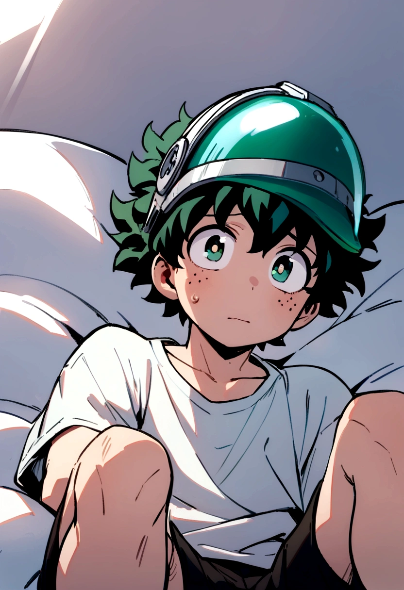 (masterpiece, best quality:1.2), solo, male focus, 1boy, midoriya izuku, short green hair, green eyes, white t-shirt, black shorts, green domed helmet with transparent visor over eyes, mind control device, blank expression, mouth hanging open, sitting in bean bag, relaxed posture, arms hanging limply, anime style, my hero academia style, view from angle