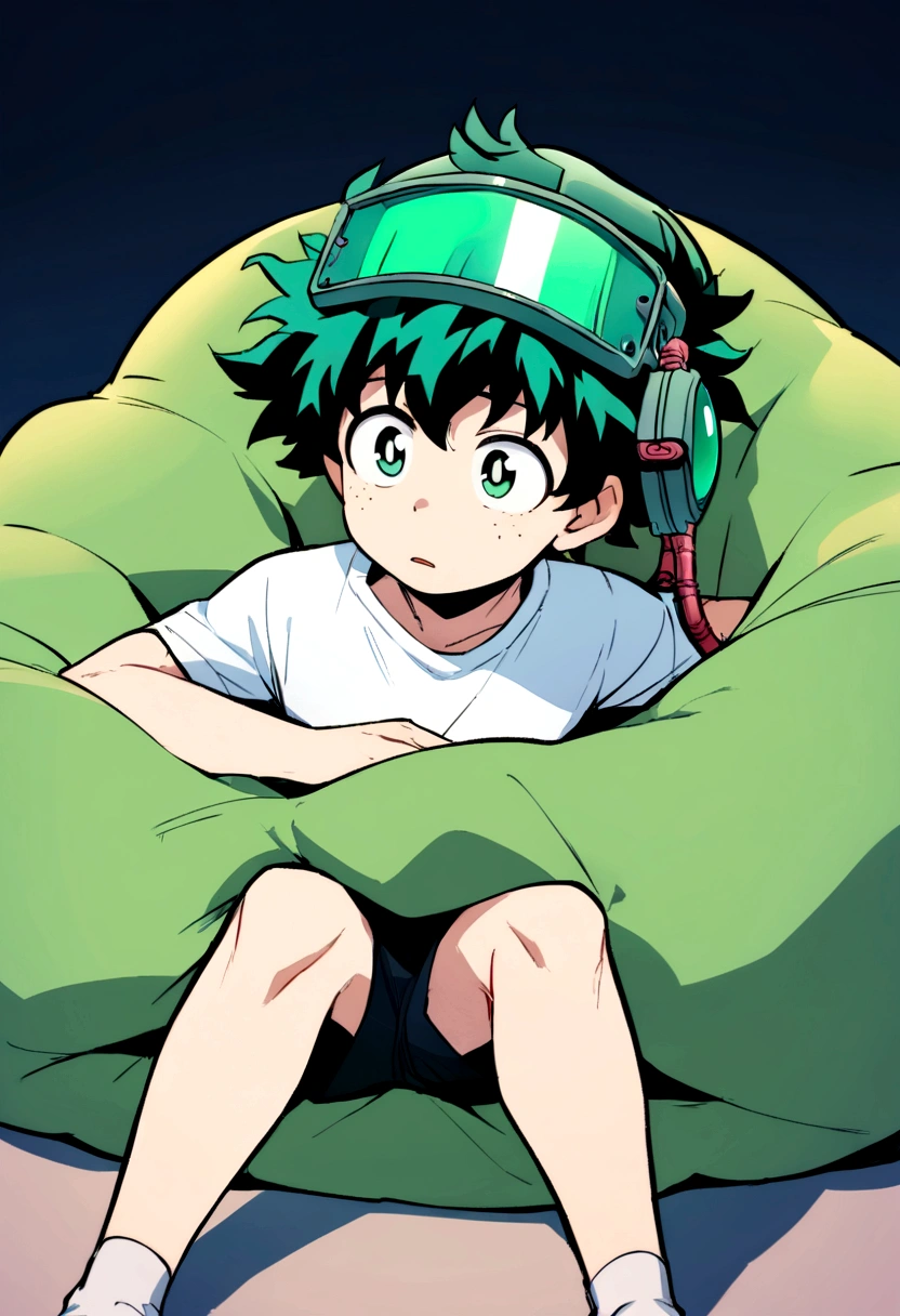 (masterpiece, best quality:1.2), solo, male focus, 1boy, midoriya izuku, short green hair, green eyes, white t-shirt, black shorts, green domed helmet with transparent visor over eyes, mind control device, blank expression, mouth hanging open, sitting in bean bag, relaxed posture, arms hanging limply, anime style, my hero academia style, view from angle