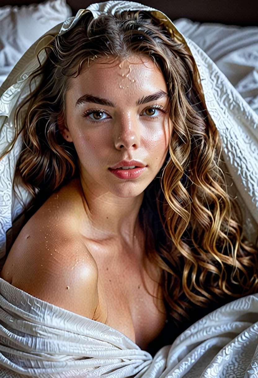 photo of Anya Taylor, 25 years old, raw, Beautiful woman, (Extra Long Wavy Light Brown Hair), very big breaths, tanned, ((portrait)), ((Detailed face:1.2)), ((Detailed facial features. Piel con detalles Detaileds.), pale skin, , wrapped in a sheet, bedroom environment, Lying on the bed, (cold color), wet, wet, reflectorasutepiece) (perfect proportions)(Realistic photos)(Best Quality) (Detailed) photographed with a Canon EOS R5, 50mm lens, f/2.8, nffsw, (8K) (wallpaper) (cinematic lighting) (dramatic lighting) (sharp focus) (complex) fashion, from above