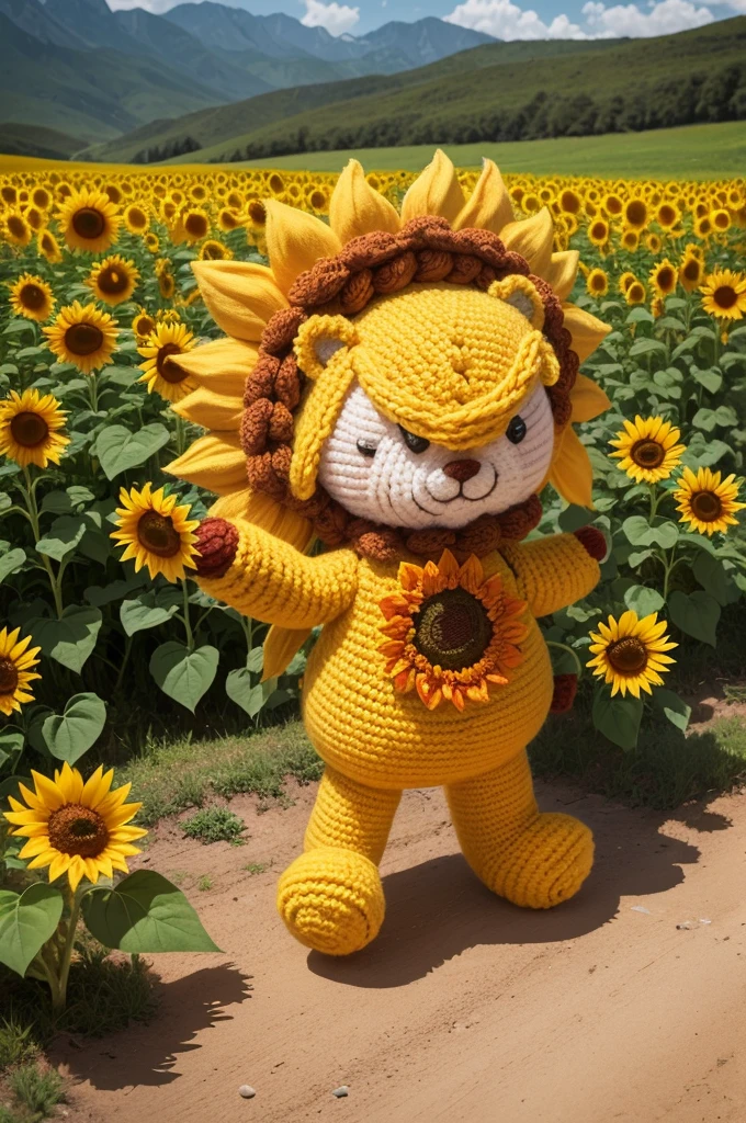 Sunflower Lion: Vale da Coragem OSunflower Lion reside no Vale da Coragem, a majestic valley where children are inspired to be brave and strong. In this valley, the landscape is dominated by flower-filled mountains and sunflower fields that stretch as far as the eye can see. Children face small challenges and adventures that help them understand that true courage comes from within. O Sunflower Lion, with your radiant mane, symbolizes the strength and bravery needed to overcome obstacles. amigurumi. It looks as if it were bipedal