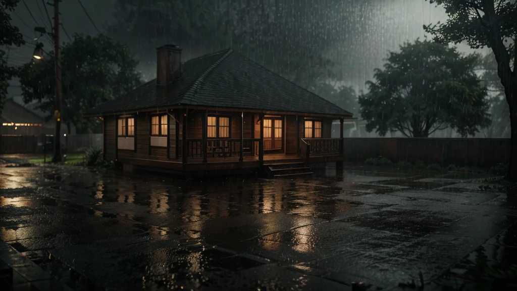 there is a house in wood in the rain with a lot of rain on it, gloomy weather. hyperrealistic, rainy scene, at evening during rain, rainy day. game render, rainy evening, rainy night, raining at night, cryengine render 8 k, rain falling, unreal 6 breathtaking detailed, unreal engine realistic render, rain aesthetic, ultra realistic picture, rainy and gloomy atmosphere