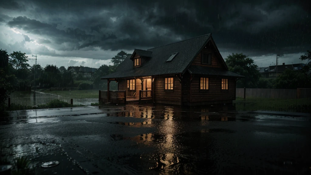 there is a house in wood in the rain with a lot of rain on it, gloomy weather. hyperrealistic, rainy scene, at evening during rain, rainy day. game render, rainy evening, rainy night, raining at night, cryengine render 8 k, rain falling, unreal 6 breathtaking detailed, unreal engine realistic render, rain aesthetic, ultra realistic picture, rainy and gloomy atmosphere