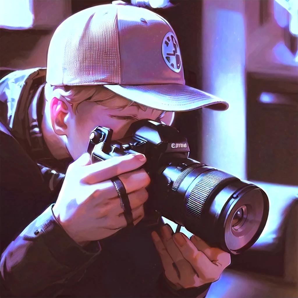 (((anime style, cartoon style))), young man taking a photo from a camera with a cap, minimalist