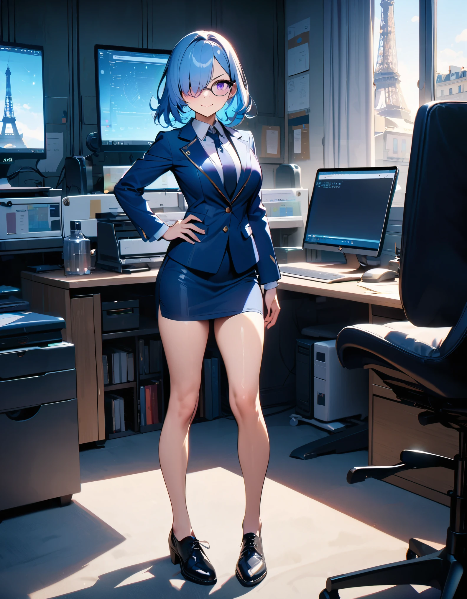 (masterpiece, best quality, high quality, highres:1.4), detailed, extremely detailed, ambient soft lighting, 4K, 1lady, solo, solo focus, beautiful french woman, perfect anatomy, medium breasts, (white lab coat, blue suit and tie, matching skirt, pencil skirt, miniskirt, bare legs), (glasses), shoes, matching shoes, (perfect hands:1.2), blue hair, medium hair, (hair over one eye:1.3), purple eyes, beautiful detailed eyes, beautiful detailed face, full body. v-shaped eyebrows, smile, hand on hip, science laboratory backdrop, indoors, desktop computer, desk, chair, paris, eiffel tower, daytime. full body costume design.