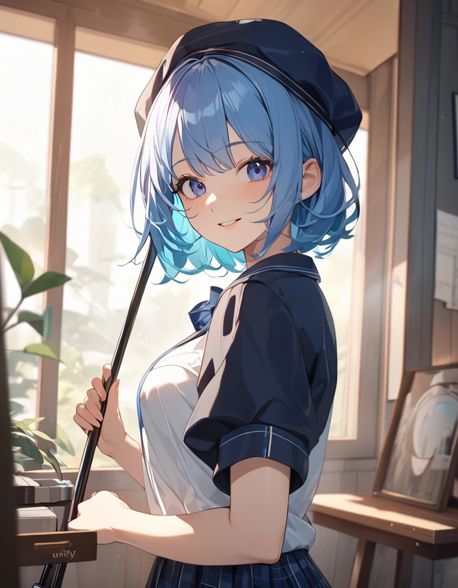 (Highest qualityのイラスト:1.2), (pretty girl:1.1), (1 girl、17 years old、Highest qualityのイラスト:1.2), (1 girl、smile、Beautiful breasts、Very detailedな目:1.2)、Bright blue hair、Short Bob Hair、(Highest quality、Very detailed、Very detailed and beautiful、Ultra-high resolution) 、Stylish cafe、waitress、Cute outfits with frillaid Style、from behind, from below