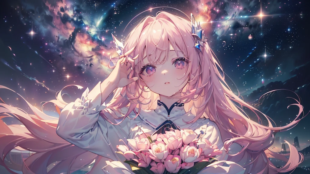 (((Highest quality、masterpiece、Ultra-fine、Ultra-fine、Exquisite、16K、Full HD,high school girl,))) 、 (((Looking up))) 、Dark Eyes、Long eyelashes、White skin、(Pale pink lips、Pale pink cheeks、thin and long)、 ((cute)) ((One person)) 、 、Wide Shot、Space galaxy background、(A magnificent composition、epic proportion)、Dynamic lighting、
