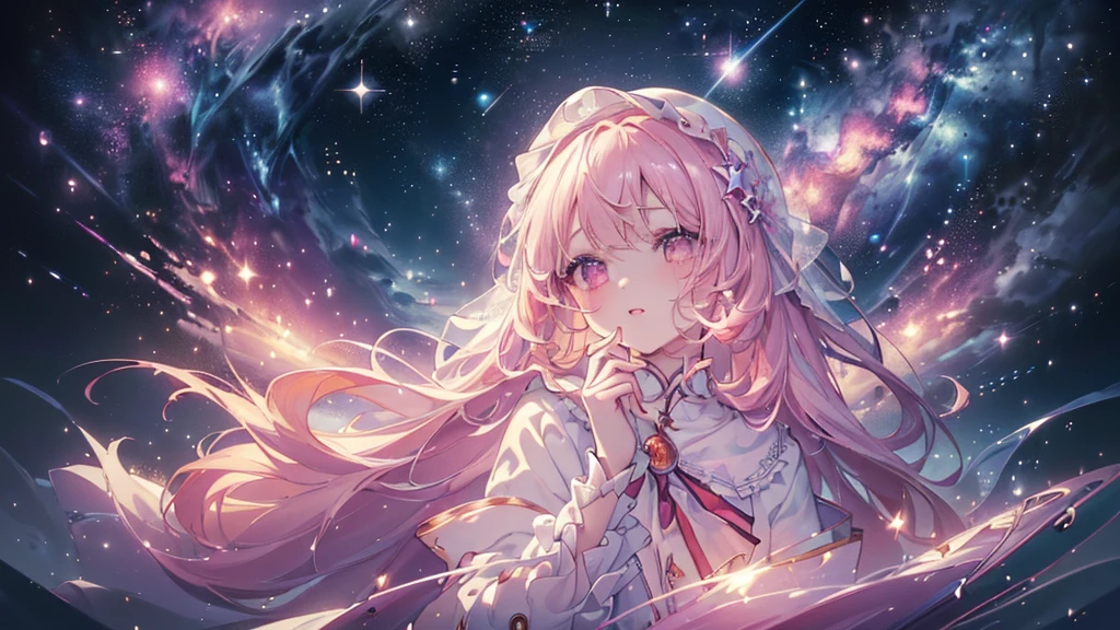 (((Highest quality、masterpiece、Ultra-fine、Ultra-fine、Exquisite、16K、Full HD,high school girl,))) 、 (((Looking up))) 、Dark Eyes、Long eyelashes、White skin、(Pale pink lips、Pale pink cheeks、thin and long)、 ((cute)) ((One person)) 、 、Wide Shot、Space galaxy background、(A magnificent composition、epic proportion)、Dynamic lighting、