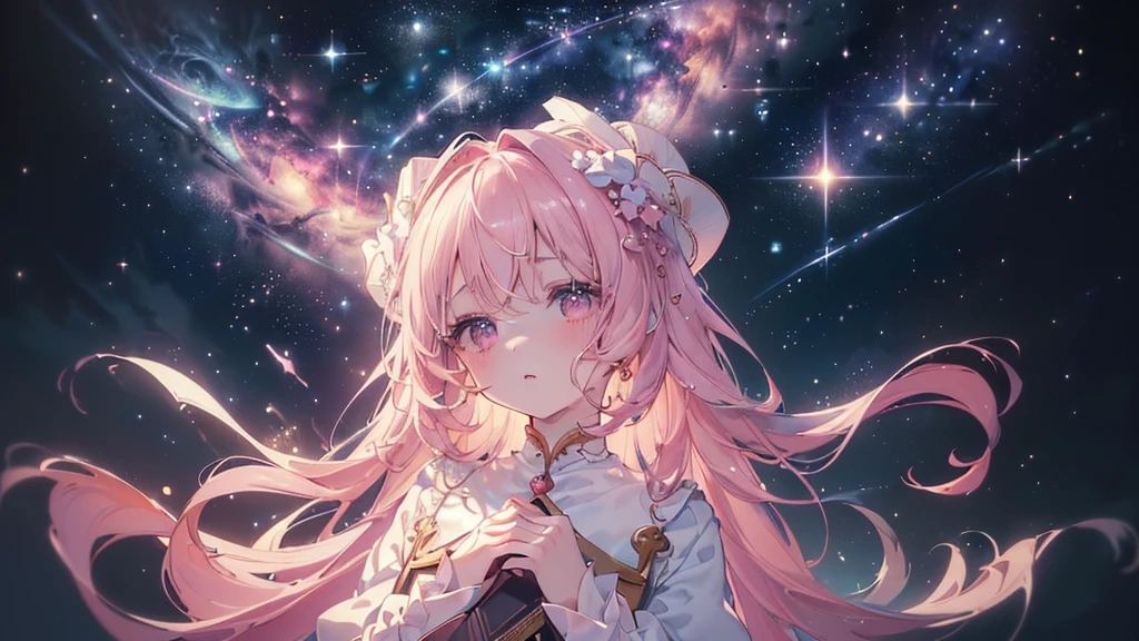 (((Highest quality、masterpiece、Ultra-fine、Ultra-fine、Exquisite、16K、Full HD,high school girl,))) 、 (((Looking up))) 、Dark Eyes、Long eyelashes、White skin、(Pale pink lips、Pale pink cheeks、thin and long)、 ((cute)) ((One person)) 、 、Wide Shot、Space galaxy background、(A magnificent composition、epic proportion)、Dynamic lighting、