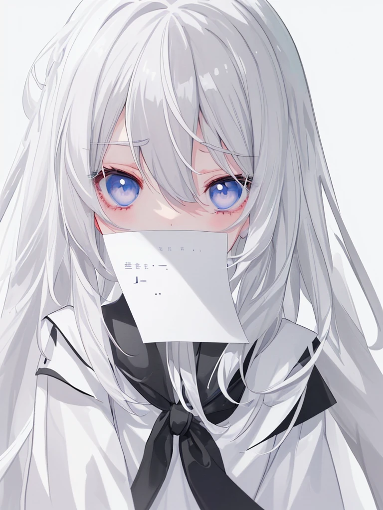 blank paper、Girl、Gray Hair、Long Hair、White eye color、All eyes are white、全体的に白いGirl、白いGirl、White background、白のGirl、White Room、blank paperのGirl、Emotionless、Expressionless