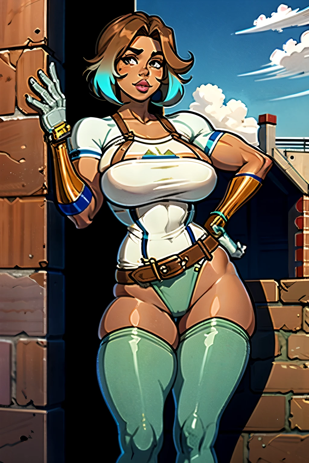 A short, tanned skin, well built woman. Short, brown, shaggy hair. Pretty, freckled face. Full lips, beautiful brown eyes. Wearing casual but slutty clothes. Character design sheet, full body shot, bending over a wall. Slightly NSFW.