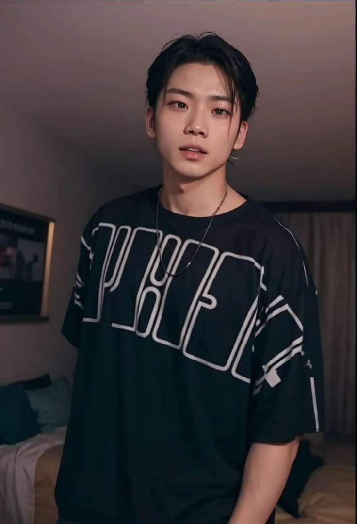 arafed man in a room with a table and a shelf, 1 7 - year - old boy thin face, he is wearing a black t-shirt, teenage boy, potrait, he is about 20 years old, he is about 2 0 years old, 2 4 - year - old man, tommy 1 6 years old, ramil sunga