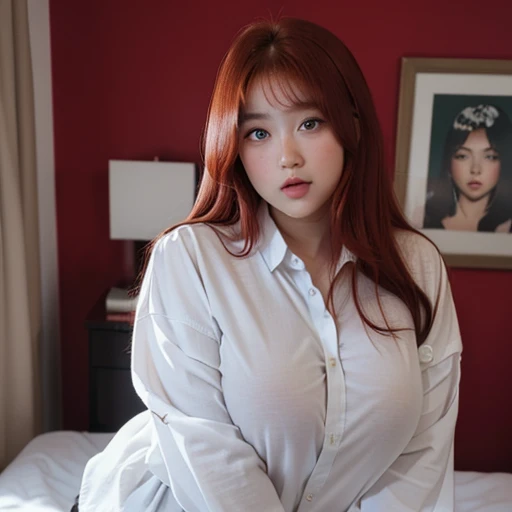 Masterpiece, high resolution, extremely detailed, realistic, 1girl, long red hair, brilliant red eyes, short, cute round face, cute eyes, (chubby face:1.3), (wearing oversized shirt:1.4), (shirt tug), (only wearing shirt:1.4), (shirt too big:1.2), (medium boobs:1.2), very thick legs, standing in bedroom, (embarressed), (lovestruck:1.5), (blushing)