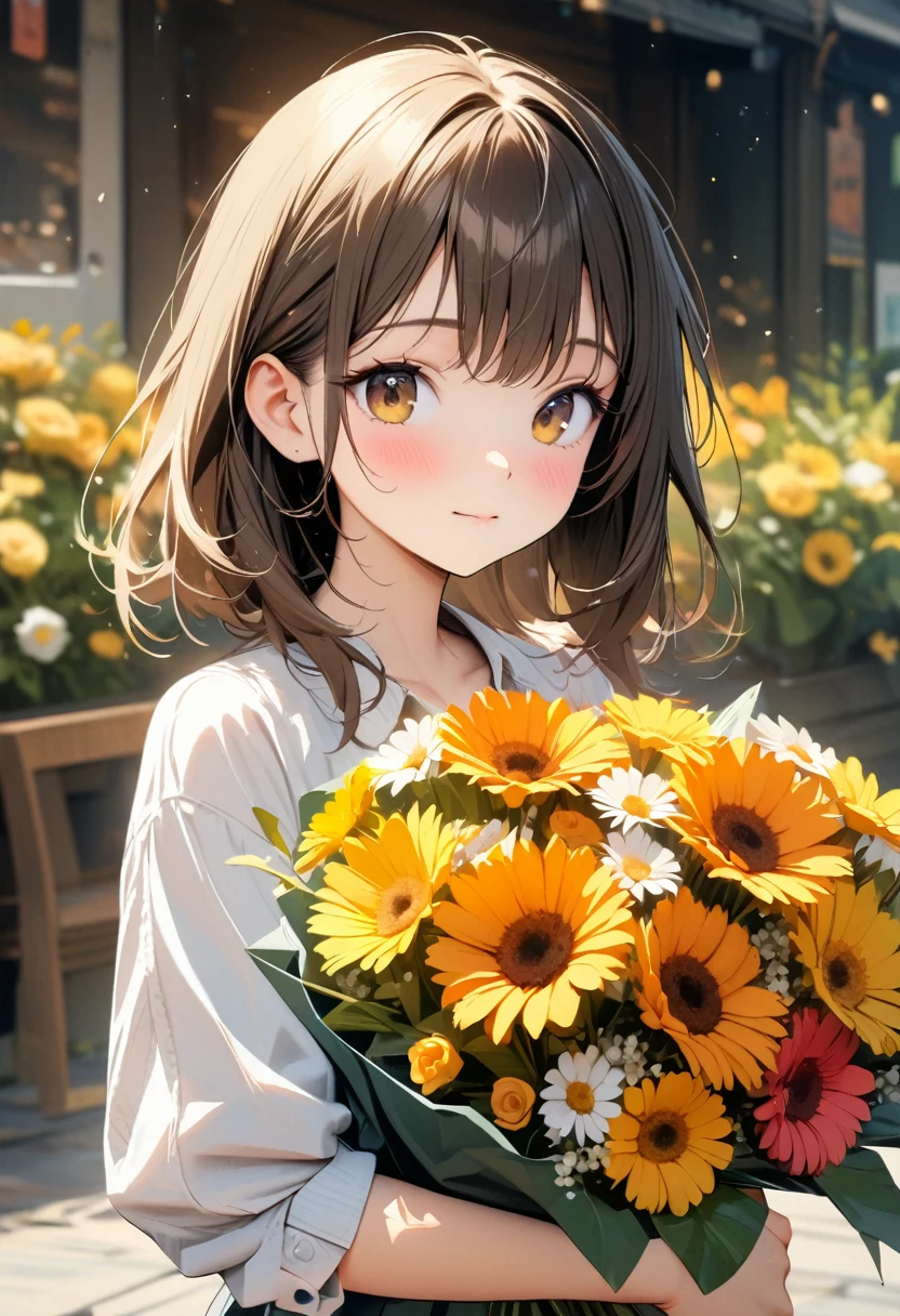 (Best picture quality, 4K, High Definition, Masterpiece Level: 1.2), Extra Fine, Watase Seizo Style, Yellow Flowers, Gerbera Bouquet, Girl.