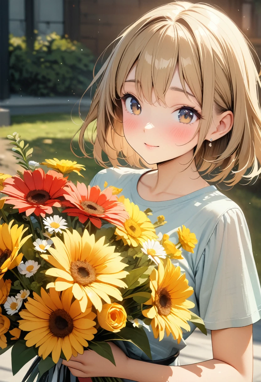 (Best picture quality, 4K, High Definition, Masterpiece Level: 1.2), Extra Fine, Watase Seizo Style, Yellow Flowers, Gerbera Bouquet, Girl.