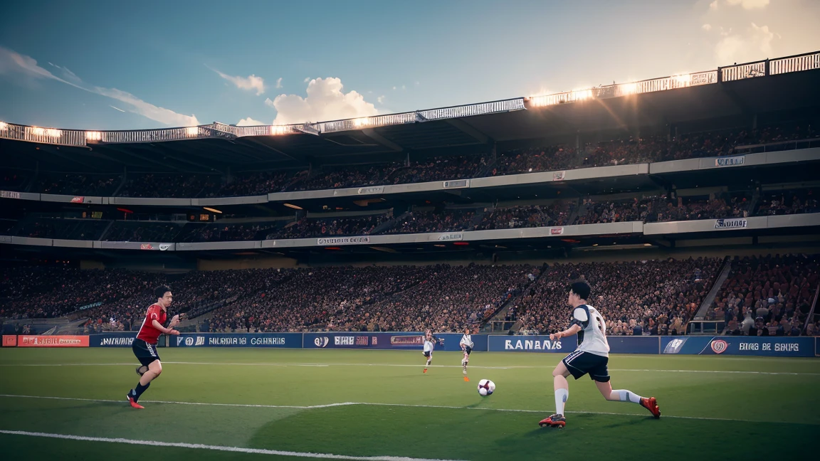 With the audience watching、There are two men playing soccer on the field, Akihiko Inoue and Ross Tran, Realistic art style, Rob Ray and Kentaro Miura Style, Game Style 8k, Game CG, Lee Madwick & Liam Wong, photoRealistic art style, Inspired by Rudy Siswanto, Realistic Scene, Game Illustration