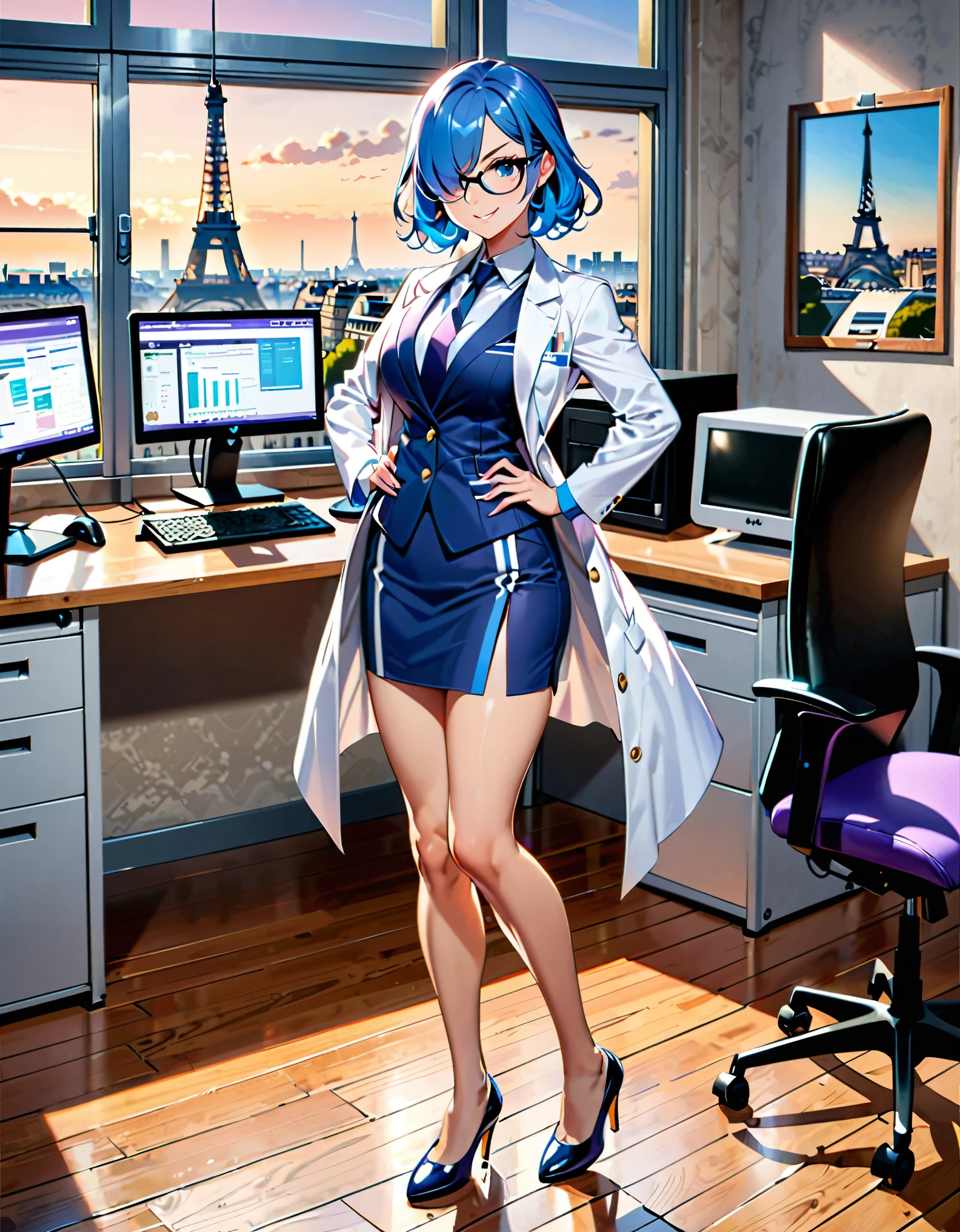 (masterpiece, best quality, high quality, highres:1.4), detailed, extremely detailed, ambient soft lighting, 4K, 1lady, solo, solo focus, beautiful french woman, perfect anatomy, medium breasts, (white lab coat, blue suit and tie, matching skirt, pencil skirt, miniskirt, bare legs), (glasses), shoes, matching shoes, (perfect hands:1.2), blue hair, medium hair, (hair over one eye:1.3), purple eyes, beautiful detailed eyes, beautiful detailed face, full body. v-shaped eyebrows, smile, hand on hip, science laboratory backdrop, indoors, desktop computer, desk, chair, paris, eiffel tower, daytime. full body costume design.